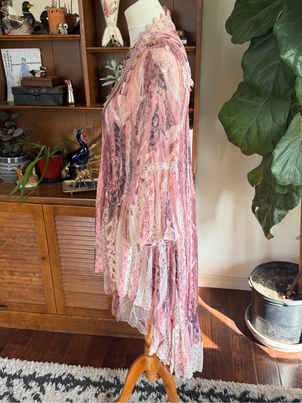 Origami Boutique Pink Lace Patchwork Layered Duster Cardigan M NWOT - Picture 12 of 15